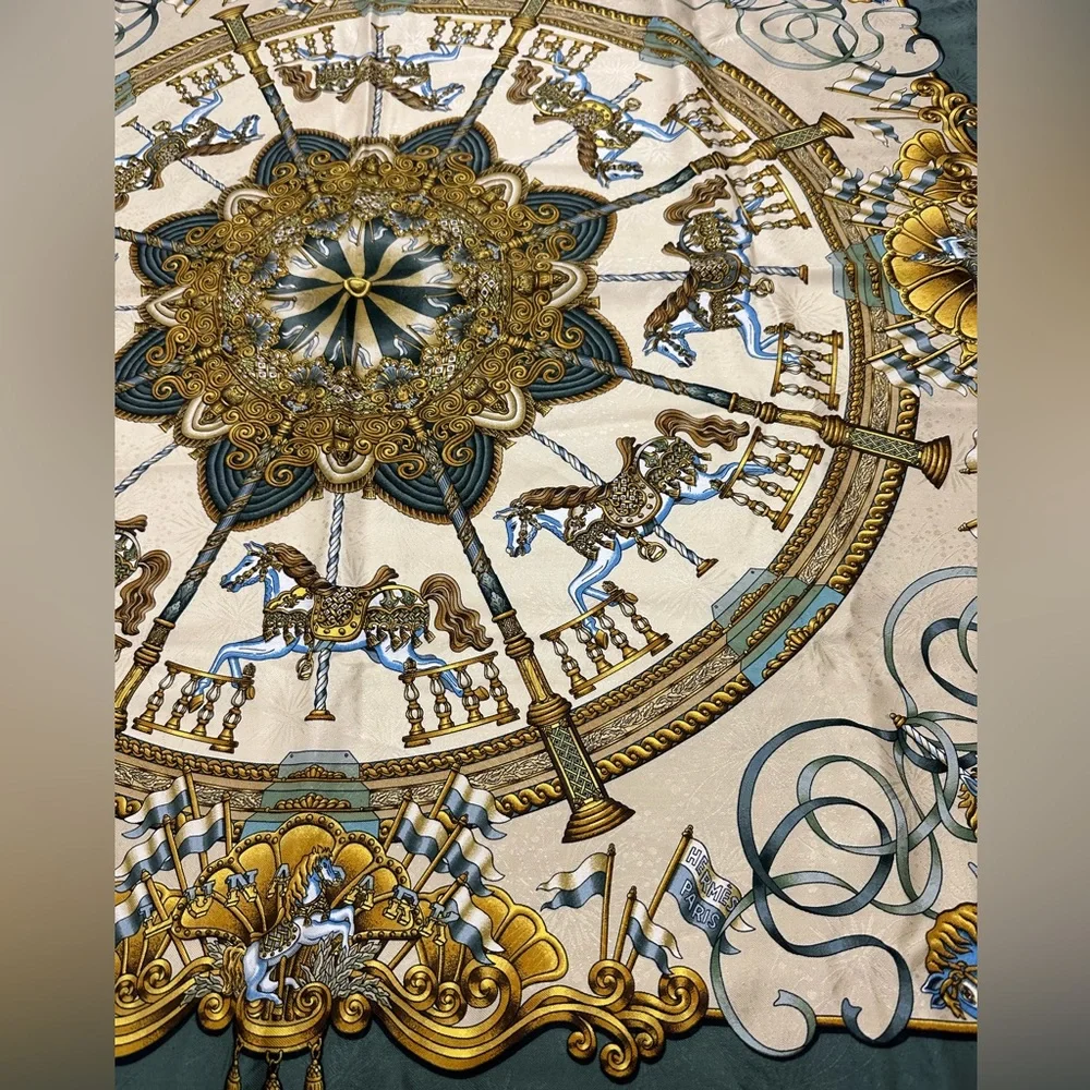 Hermes Silk Reversible Opera Scarf LUNA PARK Carrousel Print; 70.5x11.5" - Picture 11 of 13